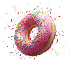 Pink glazed donut with colorful sprinkles and flying confetti, joyful dessert closeup with vivid detail