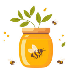 Honey jar with bees and green leaves, bright golden jar illustrating natural sweet honey and pollination joy