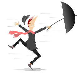 Man, umbrella, windy and rainy day. 
Man with umbrella staying on the strong wind

