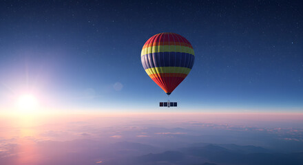 Fototapeta premium Dreamy hot air balloon floating above clouds at sunrise with satellite for modern exploration concept