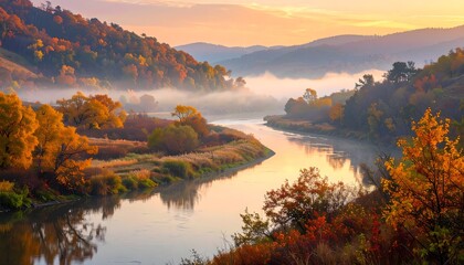A quiet river winding through autumn-colored hills