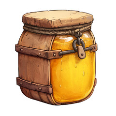 Wooden jar filled with golden honey, rustic sealed lid and metal clasps, warm inviting closeup with drips