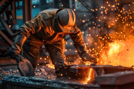 Industrial worker cutting molten metal with sparks flying in steel mill