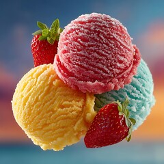 colorful ice cream mockup with strawberries and sunset