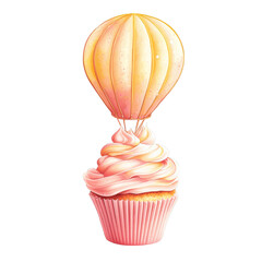 Creamy pink cupcake with swirled frosting topped by pastel hot air balloon, whimsical dessert illustration evoking joy