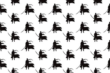 Silhouette, Silhouette of a Male Fighter Holding a Sword, Fabric Pattern, Print, Art, Cover, Print, Wallpaper, Carpet Pattern, Product Pattern