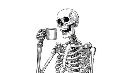 Funny Skeleton Holding Coffee Monochrome Spooky