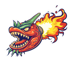 Fiery cartoon chilli pepper creature with sharp teeth breathing flame, bold color and aggressive expression