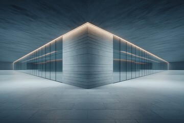 Obraz premium Empty interior of modern corporate lobby with soaring glass walls and layered shadows on polished stone floor