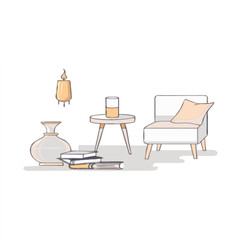 Cozy living room scene with chair, table, books, and candle