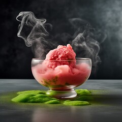 pink ice cream mockup in glass bowl with green powder
