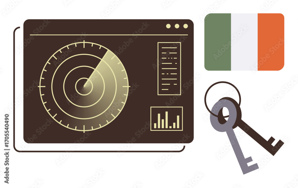 Poster radar interface tracking data with graphs, irish flag, and keys. ideal for security, navigation, dat