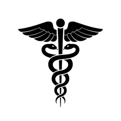 Black caduceus medical symbol with wings and two snakes wrapped around a staff isolated on white background