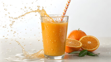 Glass of fresh orange juice with straw