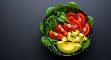 Delicious Healthy Salad with Spinach Tomatoes and Avocado.
