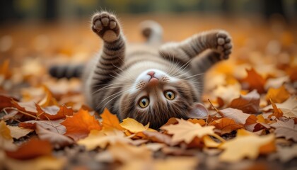 Playful Kitten on Autumn Leaves