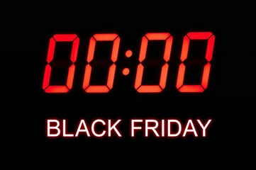 Black Friday Sale Starts: Digital Clock Showing Midnight on a Black Background