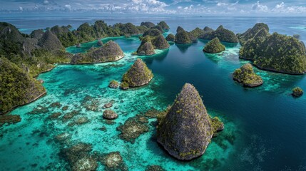 Obraz premium Stunning aerial panorama of Raja Ampat, with lush karst islands in turquoise water and visible coral reefs.