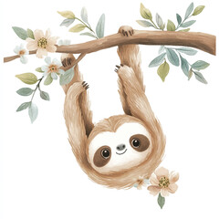 Obraz premium Adorable Sloth Hanging from a Branch with Flowers.