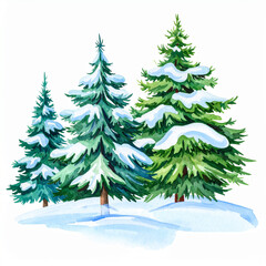 Obraz premium Watercolor painting of green Christmas trees covered with thick white snow, hand drawn art style