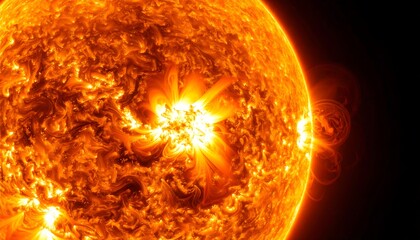 A close-up view of the incandescent surface of a star with fiery eruptions and radiant flares against a dark backdrop