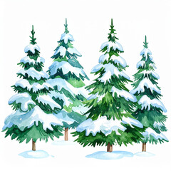 Fototapeta premium Watercolor painting of green Christmas trees covered with thick white snow, hand drawn art style