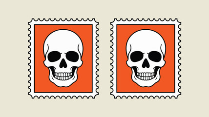 Two postage stamps featuring white skulls on orange backgrounds with serrated edges side by side