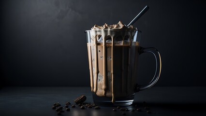 A glass of Cold coffee with chocolate and ice cream in it 