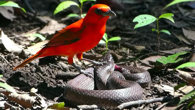 Vibrant red bird attacks snake in forest. Wildlife scene of nature with bird, snake, attack, wildlife, forest, animal.