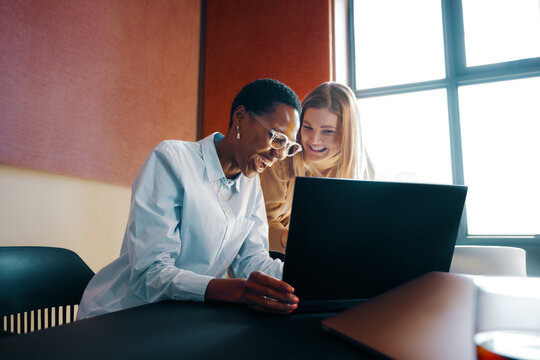 Two diverse women discussing ideas while working together on a laptop in office - Powered by Adobe