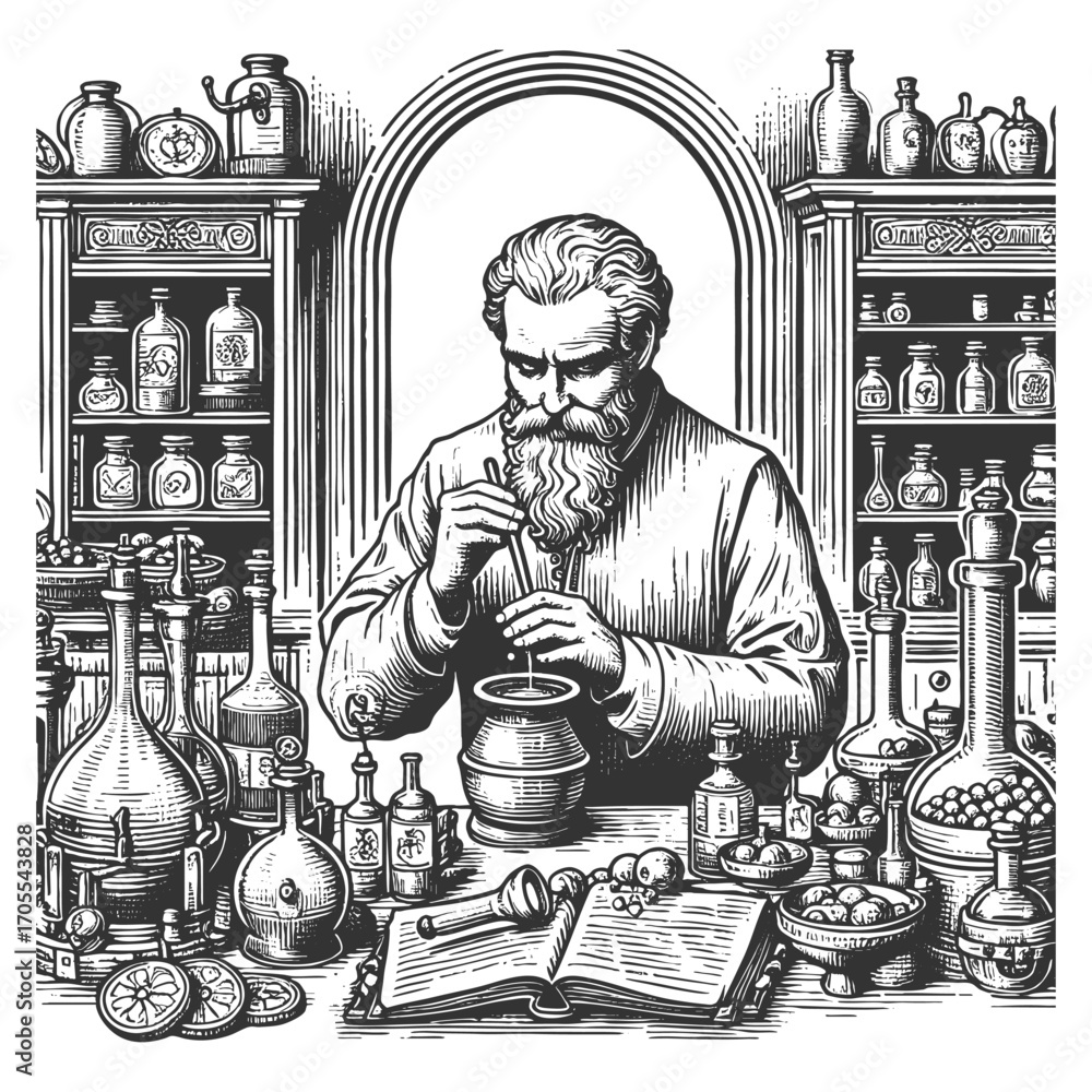 Poster old alchemist working in a laboratory surrounded by flasks, scales, and mysterious equipment sketch 