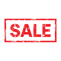 Sale word printed on a distressed red rectangular stamp. Grunge style ink seal for commercial advertising and special offers