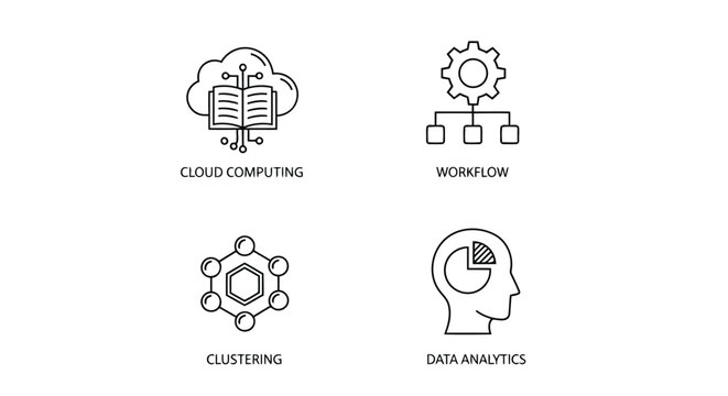 Vector illustration of set of four icons representing cloud computing, workflow, clustering, and data analytics