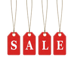 Four red textured sale tags with stitched lettering hanging from twine strings, isolated on a white background for commercial promotions