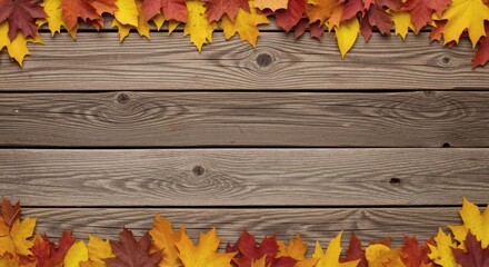 An autumn season background with a rustic wooden table and colorful maple leaves arranged to create a beautiful, festive frame and border