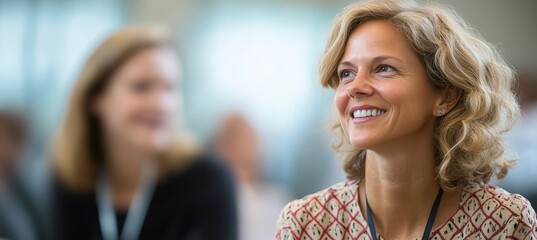 Enthusiastic Woman Participates in Seminar, Actively Learning and Engaging with Colleagues