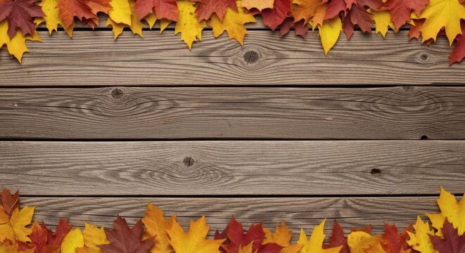 An autumn season background with a rustic wooden table and colorful maple leaves arranged to create a beautiful, festive frame and border