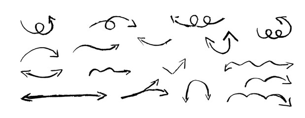 Hand drawn arrow with pencil sketch line. Crayon scribble marker stroke double direction sign. Fun curve with comic spiral scratch. Grunge texture art for note with squiggle paint in black color.