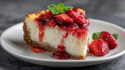 Slice of creamy cheesecake topped with fresh strawberries and strawberry sauce garnished with mint leaves