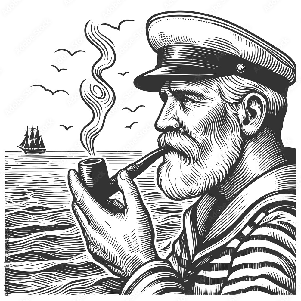 Aufkleber old sailor with a beard smoking a pipe, standing by the sea with sailing ships sketch engraving gene