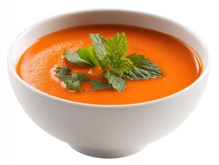 Creamy orange soup in white bowl, garnished with fresh herbs