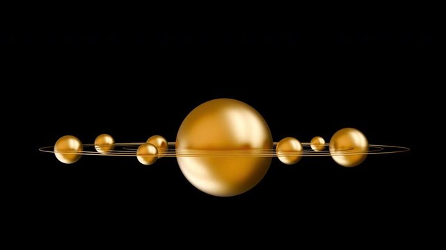 3d gold small spheres, molecules or particles rotating to orbit path around big ball or planet. Abstract art 3d animation on black background. Modern fashion motion design with alpha matte channel.