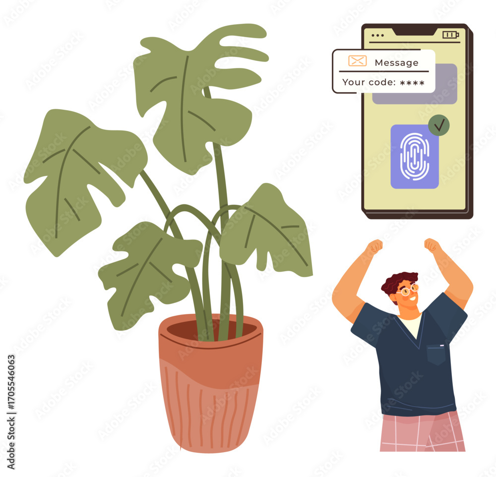 Poster screen showing fingerprint scan approval and secure code entry on smartphone. man raising hands chee