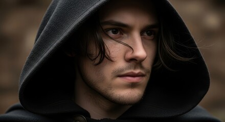 A young man with long brown hair wearing a dark hood looking thoughtfully to the