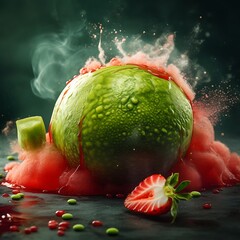 Green Fruit Mockup with Pink Smoke and Sliced Strawberry