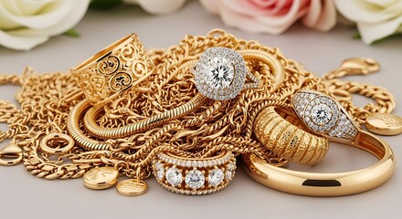 Naklejka premium Exquisite gold jewelry collection of rings and diamond chains
