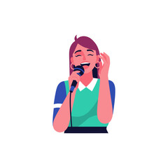 Happy Woman Singing into Microphone, Vector Illustration