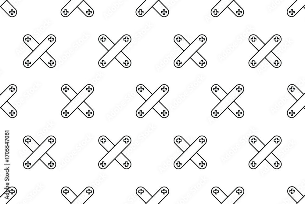 Poster a seamless pattern of crossed bandages with plus signs on a white background in a repeating design