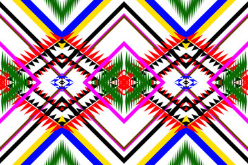 Vibrant geometric tribal seamless pattern with bold colors and sharp details, perfect for textile, fashion, and home decoration backgrounds.