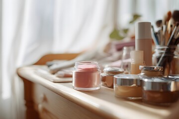 Soft natural light illuminates an array of beauty products and cosmetic essentials elegantly arranged on a wooden vanity table, showcasing everyday self-care.